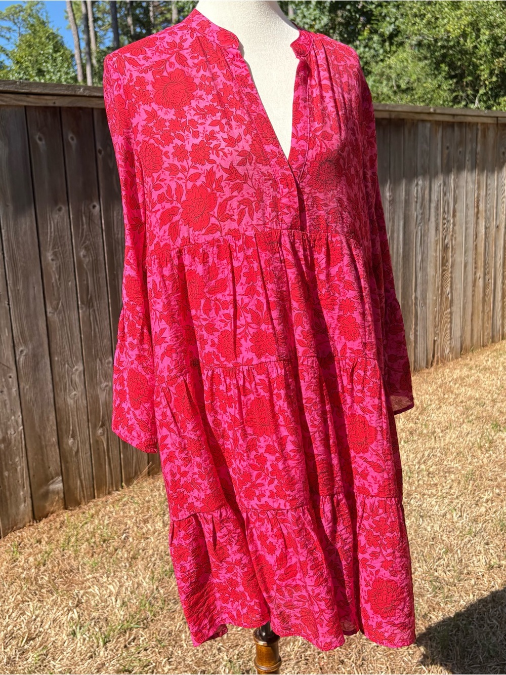V-Neck Tiered Mini Dress in Fuchsia Floral